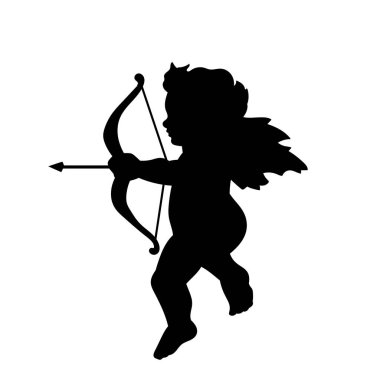 Bir aşk tanrısının ok atan silueti. Kanatlı aşk sembolünün silueti, ok ve yaylı..