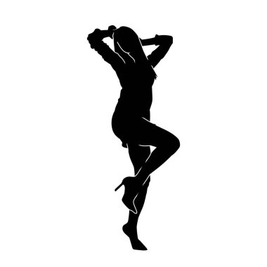 Kadın seksi, beyaz arkaplanda vektör silueti pozu veriyor 