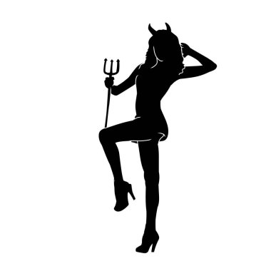 Şeytan kostümü giymiş, boynuzlu aksesuar ve mızrak saplı bir kadının silueti. Baştan çıkarıcı pozlardaki seksi bir kadının silüeti..