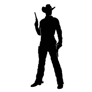 Hareket halindeki bir kovboyun silueti silah taşıyan bir poz veriyor. Kovboy kostümü giymiş siluet tabanca taşıyan bir erkek..