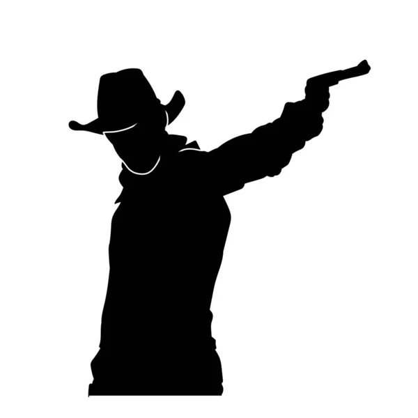 Силуэт Ковбоя Направляющего Оружие Пистолета Силуэт Человека Ковбойском Костюме Боевой — стоковый вектор