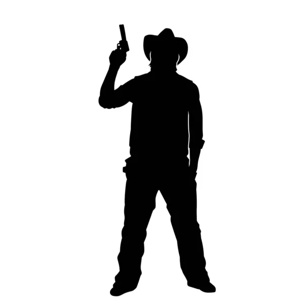 Silhouette Egy Cowboy Akció Közben Pózol Kezében Pisztoly Fegyver Egy — Stock Vector