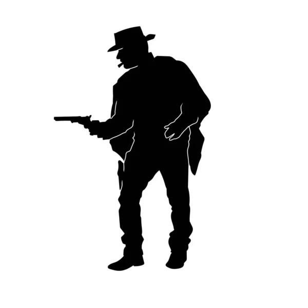 Silhouette Cowboy Pointing His Pistol Gun Weapon Silhouette Man Wearing — Stock Vector
