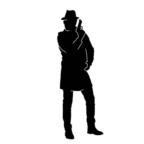 Силуэт Мужчины Детектива Пальто Шляпе Действии Позирующего Пистолетом — стоковый вектор