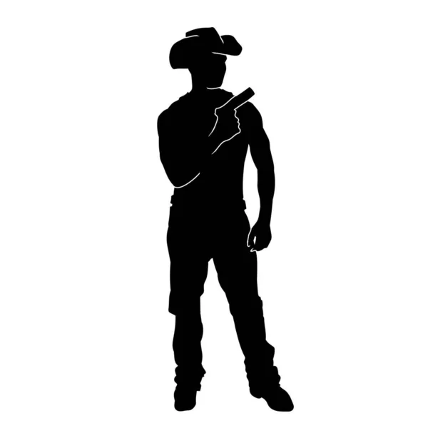 Silhueta Cowboy Ação Posar Carregando Arma Pistola Silhueta Macho Traje — Vetor de Stock