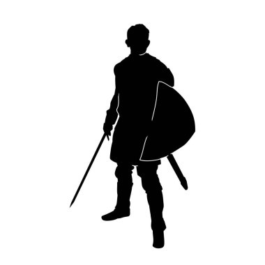 Savaş zırhlı bir şövalyenin silueti. Elinde kılıç var. Kılıç taşıyan bir ortaçağ şövalyesinin silueti..