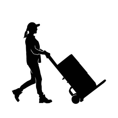 Kadın bir depo çalışanının silueti kutularla dolu bir lori tekerleğini itiyor..