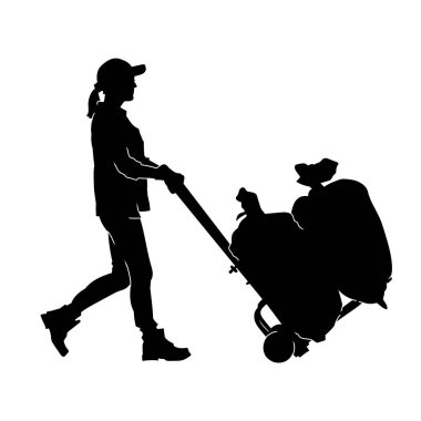 Kadın bir depo çalışanının silueti, yük arabalarının tekerleklerini çuval dolu..