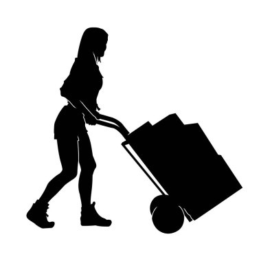 Kadın bir depo çalışanının silueti kutularla dolu bir lori tekerleğini itiyor..