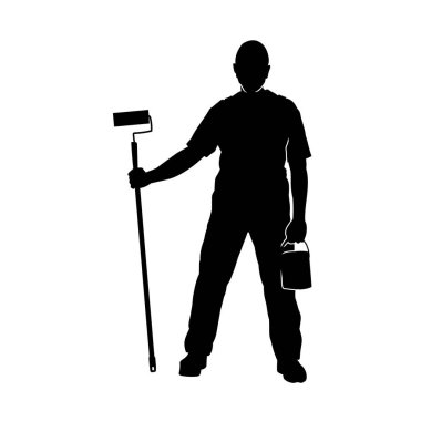 İç mekan ressamı silueti iş başında. İşçi bir erkeğin silueti boyama işini yapıyor..