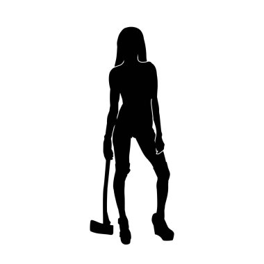 Baltayla poz vermiş bir kadın modelin silueti. Balta ile poz veren bir kadın dövüşçünün silueti. Bir oduncunun silueti..