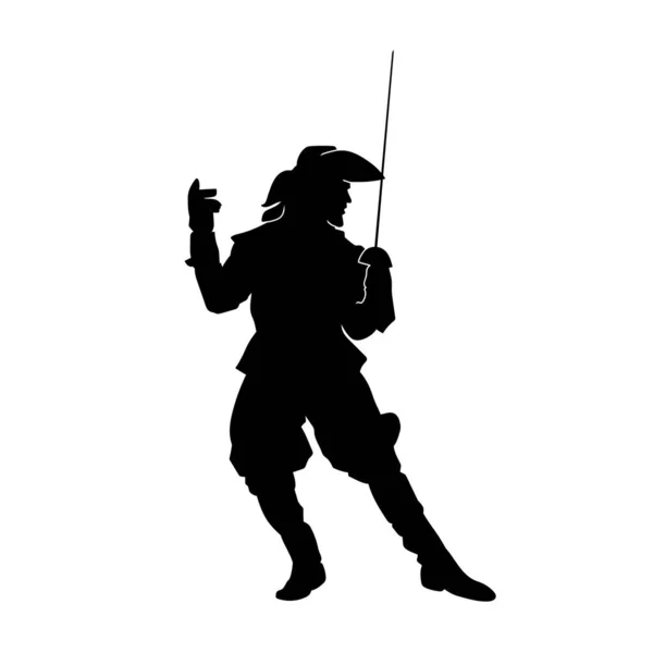 Kılıç Taşıyan Bir Ortaçağ Askeri Savaşçısının Silueti Şapkalı Korsan Kostümlü — Stok Vektör
