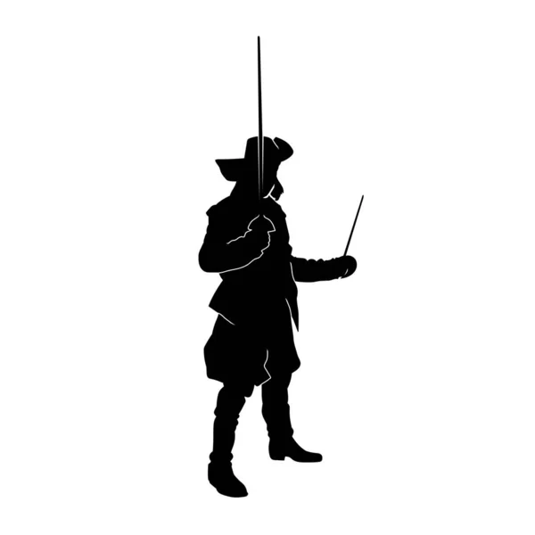 Kılıç Taşıyan Bir Ortaçağ Askeri Savaşçısının Silueti Şapkalı Korsan Kostümlü — Stok Vektör