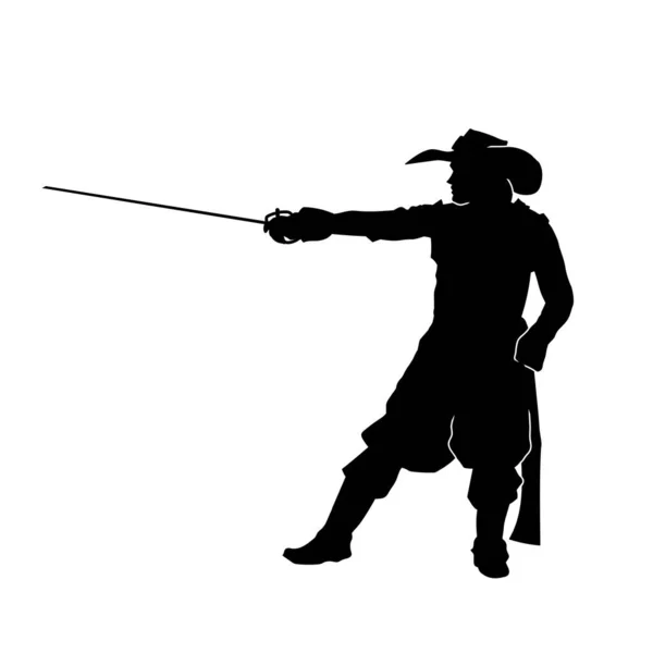 中世の兵士や剣の武器を運ぶ戦士のシルエット シルエットの男モデルで海賊衣装でつばの帽子 — ストックベクタ
