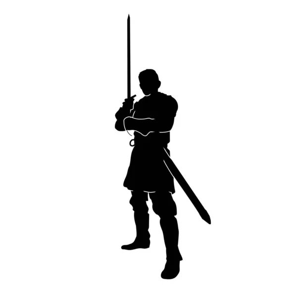 Silhouette Eines Ritters Krieger Kriegsrüstung Kostüm Hält Schwertklinge Waffe Silhouette — Stockvektor