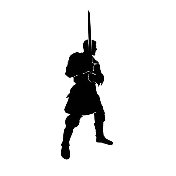 Silhouet Van Een Ridderkrijger Oorlogspantser Kostuum Met Zwaard Wapen Silhouet — Stockvector