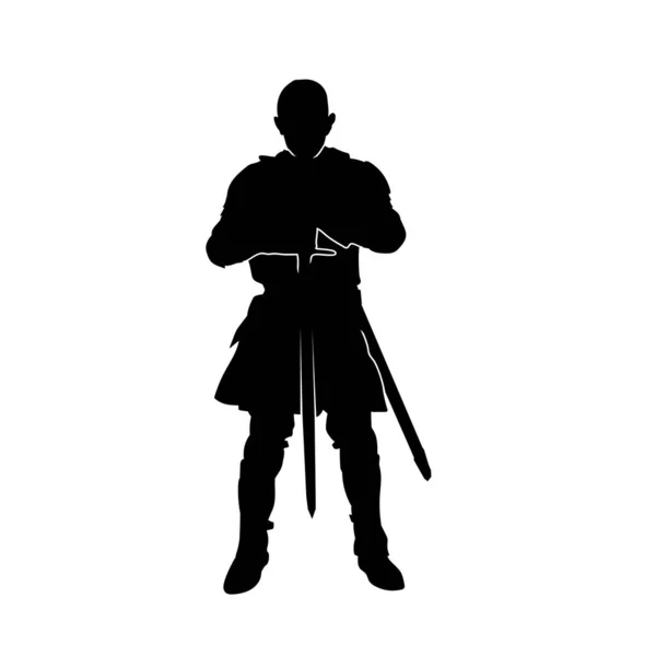 Silhouette Eines Ritters Krieger Kriegsrüstung Kostüm Hält Schwertklinge Waffe Silhouette — Stockvektor
