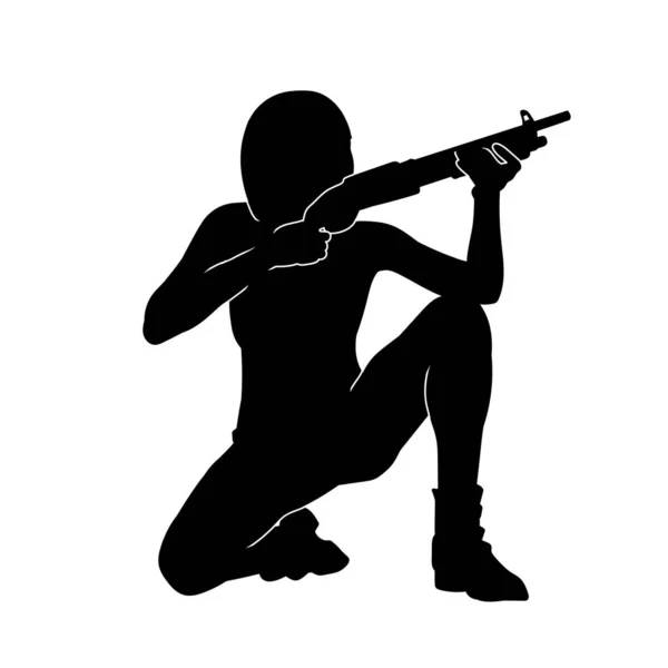 Silhouette Einer Kämpferin Aktion Pose Schießen Mit Gewehr Waffe — Stockvektor