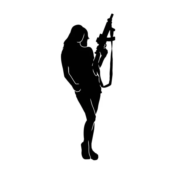Σιλουέτα Μιας Γυναίκας Μαχητή Δράση Θέτουν Μεταφέρουν Αυτόματο Όπλο Τουφέκι — Διανυσματικό Αρχείο