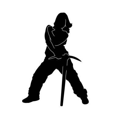 Kot pantolon giymiş, elinde baltayla poz veren bir kadın işçinin silüeti..