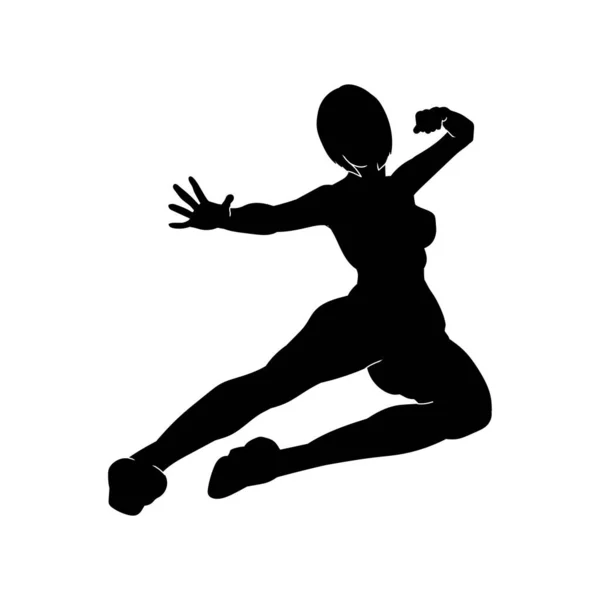 蹴りポーズの女戦士のシルエット キックをする女戦士のシルエット — ストックベクタ