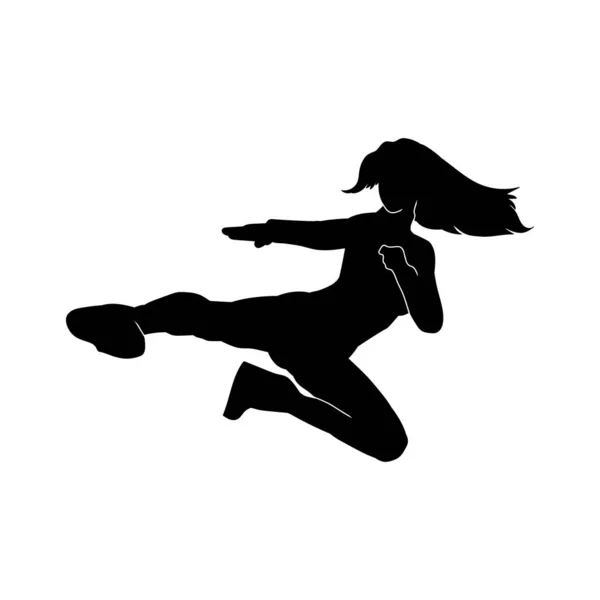 Silhouette Female Fighter Kicking Pose Silhouette Woman Fighter Doing Kick — Stock Vector