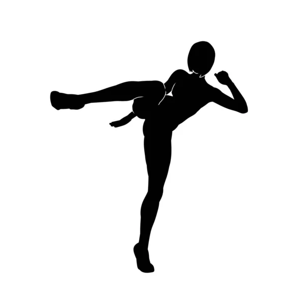 蹴りポーズの女戦士のシルエット キックをする女戦士のシルエット — ストックベクタ