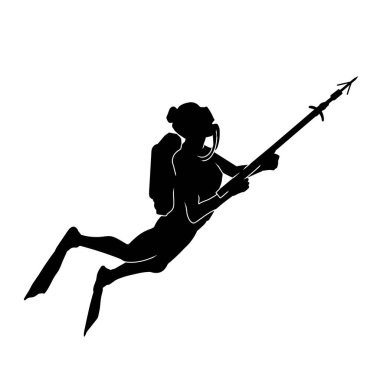 Dalış kıyafetiyle dalış yapan bir kadının silüeti av mızrağı taşıyor. Sualtı yüzgeci takan ve su altında mızrak taşıyan bir kadın dalgıcın silueti..