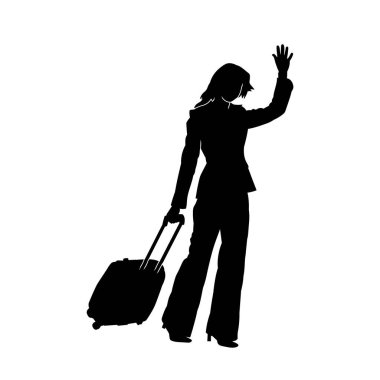 Seyahat çantasıyla poz vermiş gezgin bir kadının silüeti. İş gezisindeki bir iş kadınının silüeti. Seyahatte bir turistin silüeti..