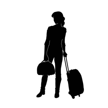 Seyahat çantasıyla poz vermiş gezgin bir kadının silüeti. İş gezisindeki bir iş kadınının silüeti. Seyahatte bir turistin silüeti..