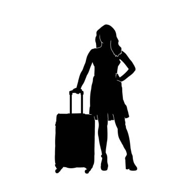 Seyahat çantasıyla poz vermiş gezgin bir kadının silüeti. İş gezisindeki bir iş kadınının silüeti. Seyahatte bir turistin silüeti..