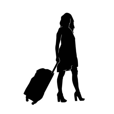 Seyahat çantasıyla poz vermiş gezgin bir kadının silüeti. İş gezisindeki bir iş kadınının silüeti. Seyahatte bir turistin silüeti..