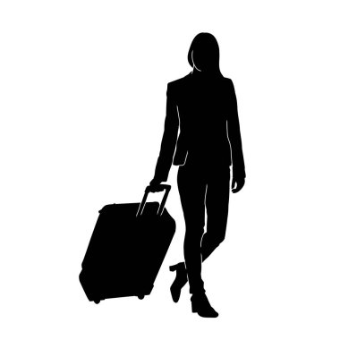 Seyahat çantasıyla poz vermiş gezgin bir kadının silüeti. İş gezisindeki bir iş kadınının silüeti. Seyahatte bir turistin silüeti..