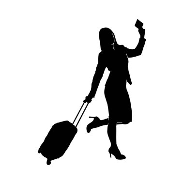 Seyahat çantasıyla poz vermiş gezgin bir kadının silüeti. İş gezisindeki bir iş kadınının silüeti. Seyahatte bir turistin silüeti..