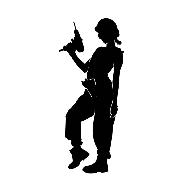 Silhouette Female Construction Worker Carrying Machine Electric Drill Tool Silhouette — Stock Vector