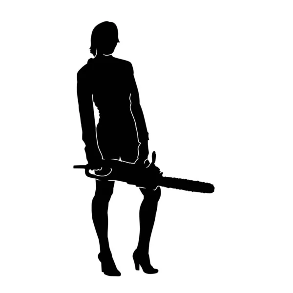 Silhouette Female Construction Worker Carrying Machine Chainsaw Tool Silhouette Woman — Stock Vector
