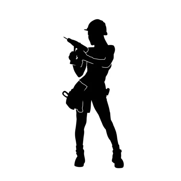 Silhouette Female Construction Worker Carrying Machine Electric Drill Tool Silhouette — Stock Vector