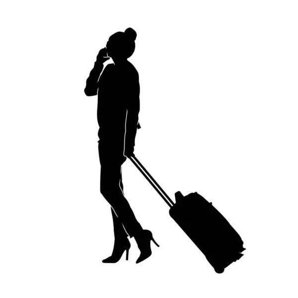 Silueta Cestovatelky Póze Svým Cestovním Kufříkem Silueta Obchodní Ženy Služební — Stockový vektor