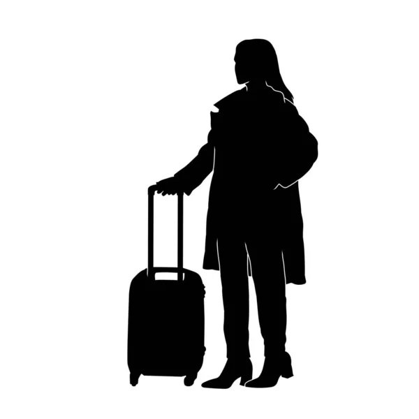 Silueta Una Mujer Viajera Posando Con Maleta Viaje Silueta Una — Vector de stock
