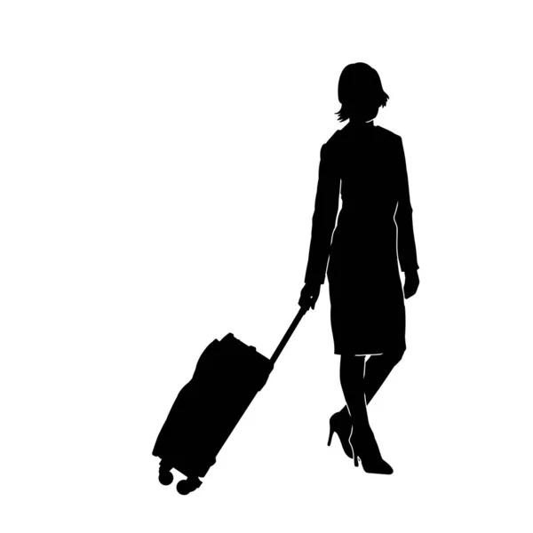 Silhouette Una Donna Posa Con Sua Valigia Viaggio Silhouette Una — Vettoriale Stock