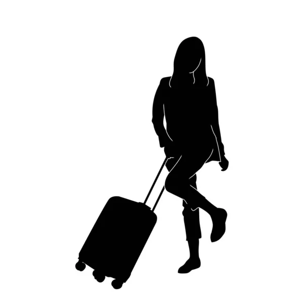 Sylwetka Kobiety Podróżującej Pozie Walizką Podróżną Sylwetka Biznesmenki Podróży Służbowej — Wektor stockowy
