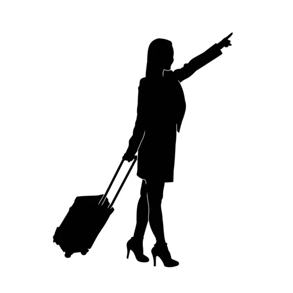 Silueta Cestovatelky Póze Svým Cestovním Kufříkem Silueta Obchodní Ženy Letecké — Stockový vektor