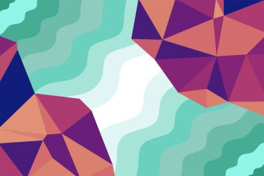 Abstract background of wave shapes and polygonal ornaments. Mosaic composition of curvy shapes and lowpoly ornaments.