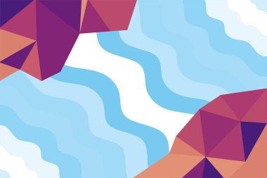 Abstract background of wave shapes and polygonal ornaments. Mosaic composition of curvy shapes and lowpoly ornaments.