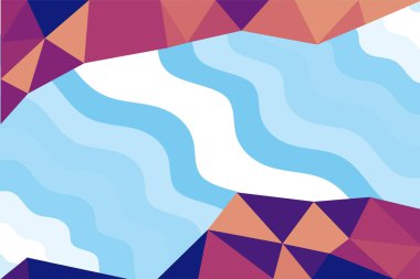 Abstract background of wave shapes and polygonal ornaments. Mosaic composition of curvy shapes and lowpoly ornaments.