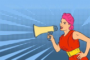 Hoparlör aletine megafonla bağıran bir kadın tasviri. Protesto eden ya da bağıran bir kadının resmi. Eski bir çizgi roman sanatının poster tarzında bir kadın tasviri.