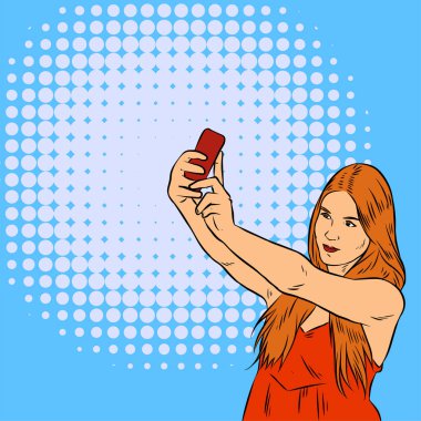 Güzel bir kadının cep telefonu cihazıyla selfie çektiği bir resim. Kadın selfie görüntüsü eski çizgi roman pop sanat tarzında..