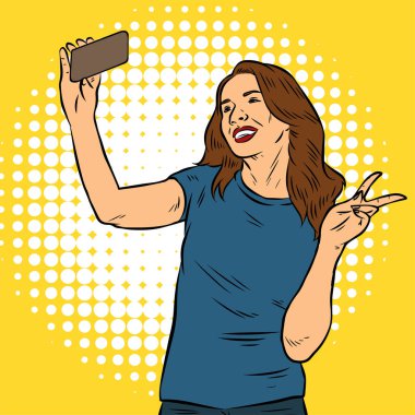 Güzel bir kadının cep telefonu cihazıyla selfie çektiği bir resim. Kadın selfie görüntüsü eski çizgi roman pop sanat tarzında..