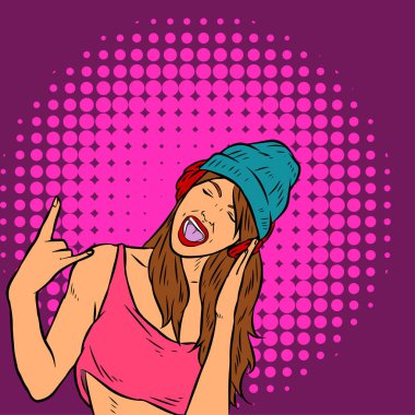 Sıradan bir şehir kıyafeti içindeki genç bir kızın kulaklığından müziğin keyfini çıkardığı tasviri. Çizgi roman sanatında genç bir kadının tasviri.