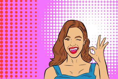 Göz kırpan ve el hareketi yapan güzel bir genç kadının tasviri. Eski çizgi roman sanatında yarım ton desenli arka planda bir kadının çizimini iliştirin.